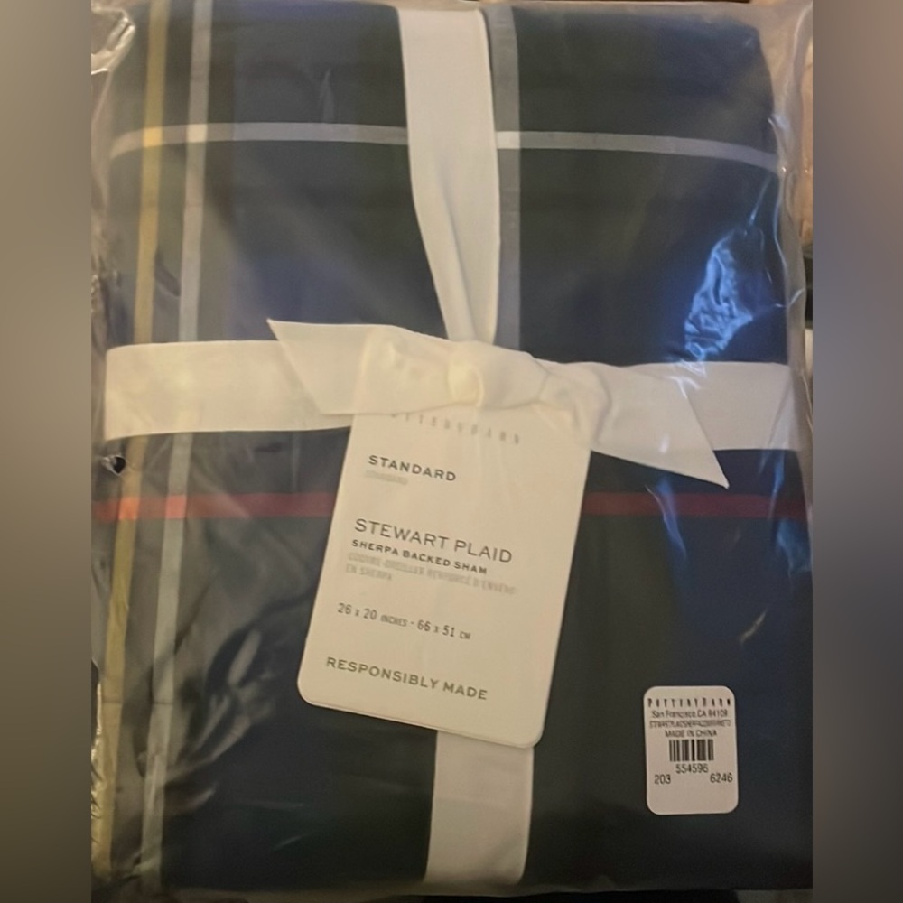 Pottery Barn Stewart Plaid Cotton Sherpa Standard in green